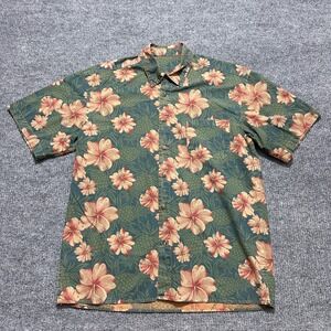 Vintage Terry Ward Mens Button Up Shirt Large Green Orange Floral Short Sleeve